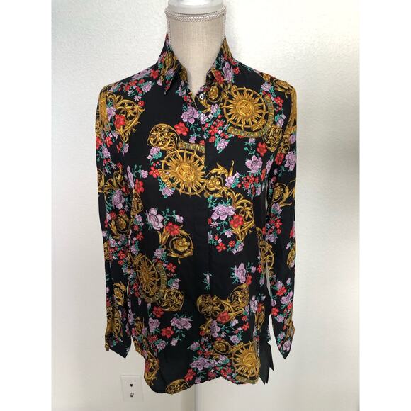 Versace Jeans Couture Button Down Sun Dial Floral Black Blouse W IT 36 US 0 NWT - Picture 2 of 6